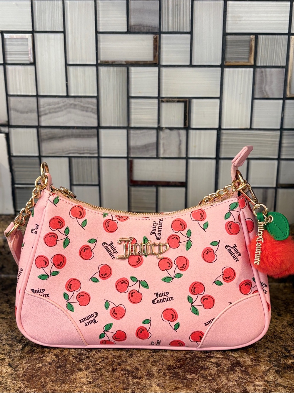 Juicy Couture Pink Cherry Print Mini Shoulder Bag with Gold Hardware